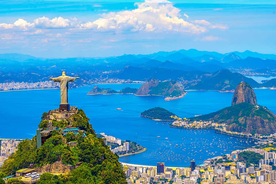 Corcovado from the air, with the bay and Sugarloaf behind it