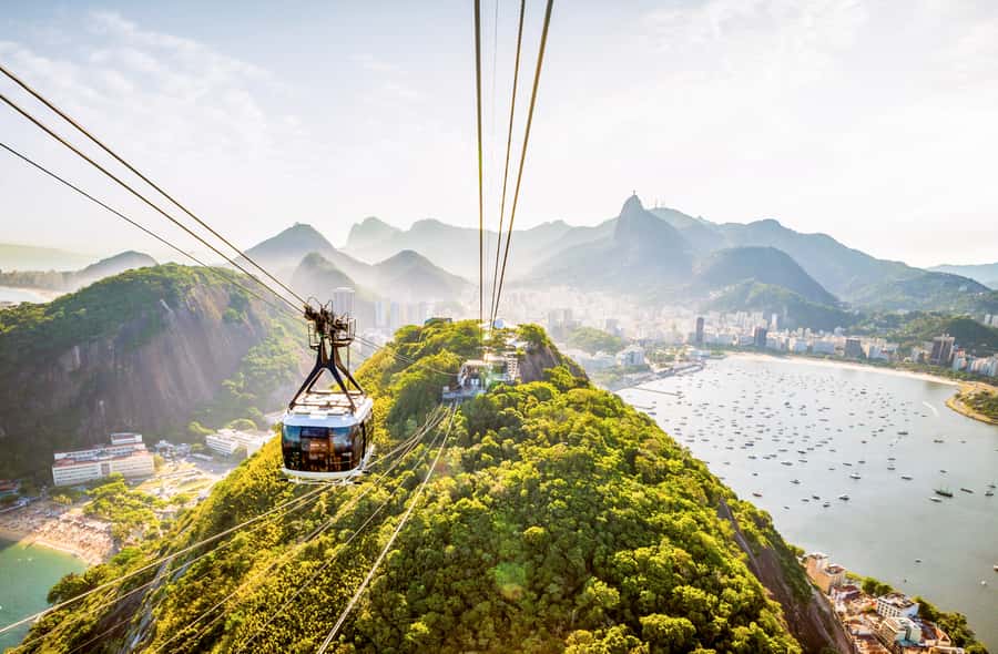 The Sugarloaf cable car crossing above Copacabana